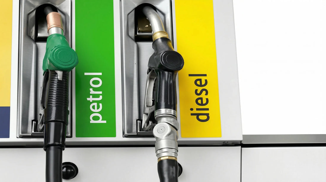 petrol and diesel fuel pump nozzles at gas station