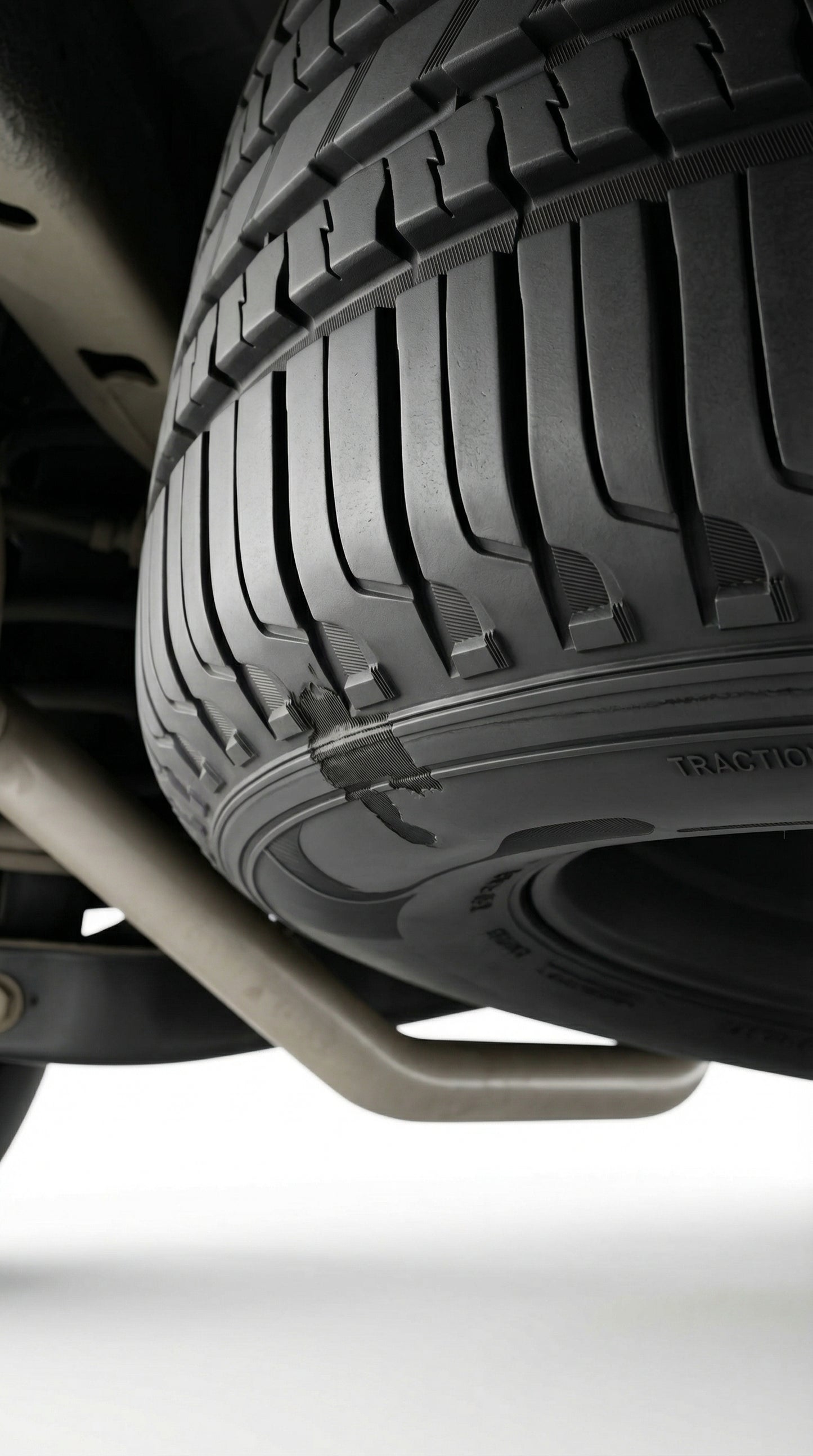 Close-up of a car tire with a visible brand logo on a white background