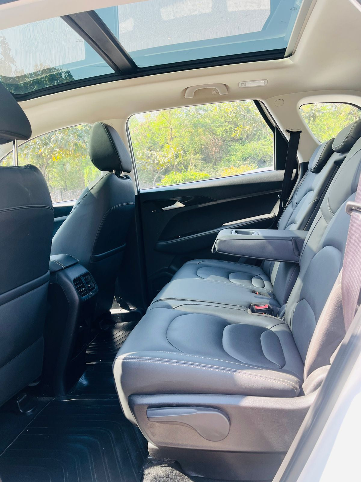 Backseat of a car with a sunroof, showing greenery outside