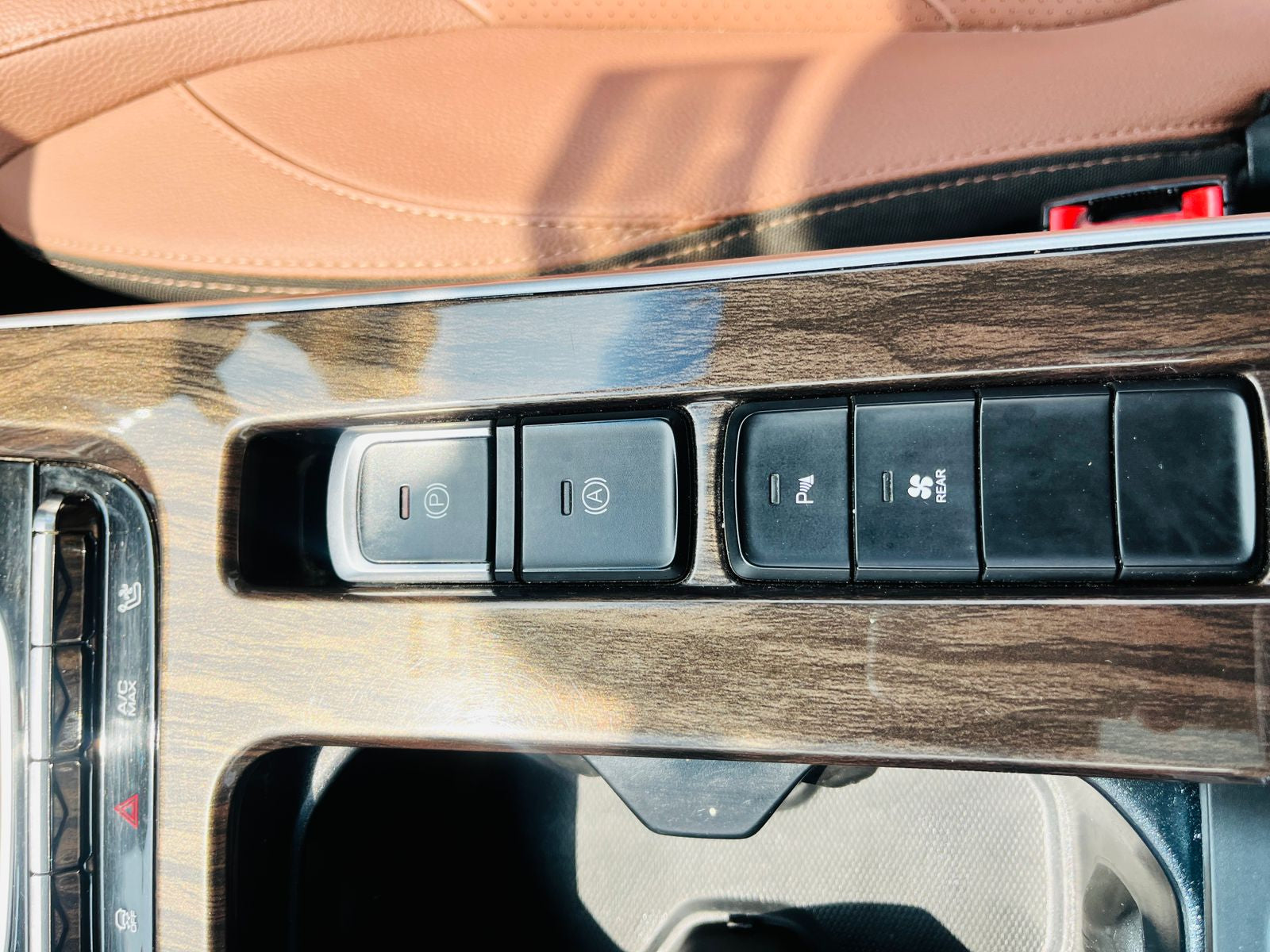 Car interior panel with window control switches and wood grain finish