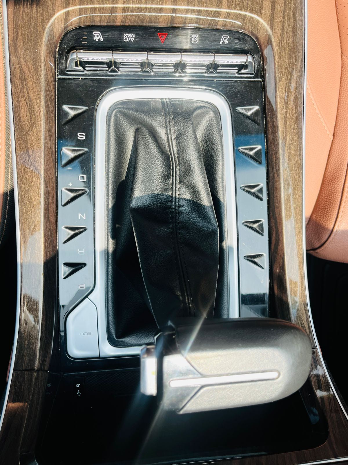 Car gear shift lever with wood trim and control buttons