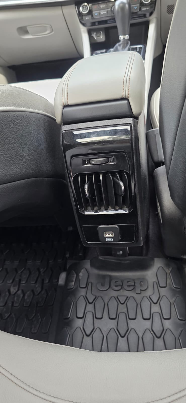 Car interior with center console and gear shift area