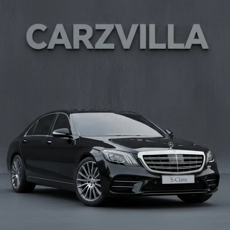 Black luxury car on a dark background with 'CARZVILLA' branding.