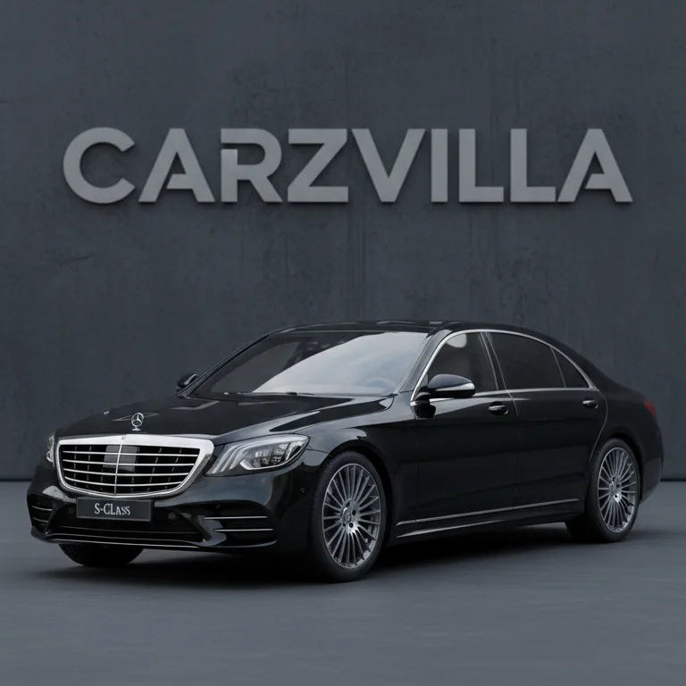 Black Mercedes-Benz car on a dark background with 'CARZVILLA' branding.