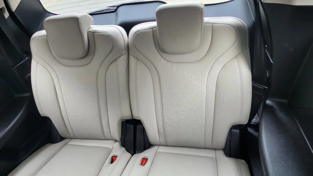 Beige car interior with two seats and a black gun case on the backrest.